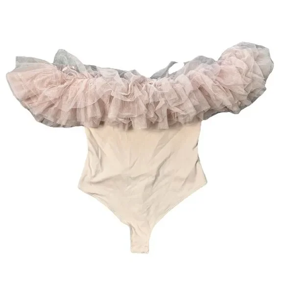 Free People Intimately L Big Love Tulle Ruffles Bodysuit Dusty Pink Feminine - Picture 3 of 14